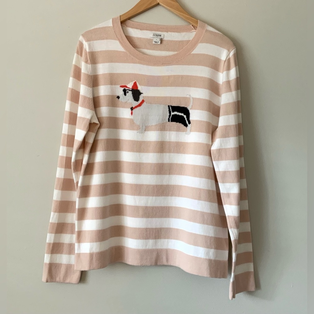 J. Crew Beige and White Striped Sweater with Intarsia Dog Beach Dog Sz L Teddie